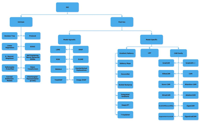 figure-protocol-3 XAI method classification diagram; includes intrinsic, post-hoc, model-specific, and model-agnostic.