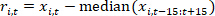 Statistical formula for detrending with moving median; equation: r_it = x_it - median(x_i,t-15:t+15).