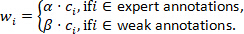 Weighted annotation equation, diagram, showing expert and weak annotations differentiation.