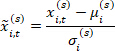Statistical normalization formula, equation displaying standardized variable transformation.