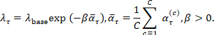 Complex mathematical formula; lambda decay rate equation, involving exponential and summation terms.