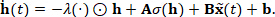 Dynamic system equation: h(t)=-λ(·)⊙h+Aσ(h)+Bẋ(t)+b. Mathematical formula analysis.