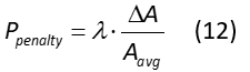 Penalty calculation in optical studies; equation: P_penalty = λ(ΔA/A_avg) (12)