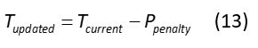 Equation for updated temperature calculation: T_updated = T_current - P_penalty (formula).