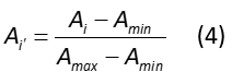 Normalized absorbance equation, Ar=(Ai-Amin)/(Amax-Amin), formula for spectroscopy analysis.