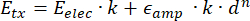 Equation for electronic energy transfer; Eᵗₓ = Eₑₗₑc·k + εₐₘₚ·k·dⁿ; scientific formula.