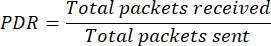 Packet delivery ratio equation, PDR = Total packets received / Total packets sent.