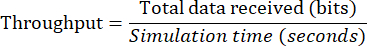 Throughput calculation formula, equation, data analysis, total data received, simulation time ratio