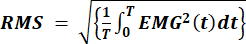 Root mean square (RMS) equation for electromyography (EMG) signal analysis in diagram form.
