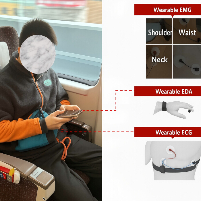 figure-protocol-2 Wearable sensor diagram showing EMG, EDA, ECG devices for physiological data monitoring.