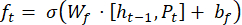 Recurrent neural network formula: forget gate, ft=σ(Wf·[ht-1,Pt]+bf); equations.