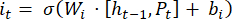 LSTM gate function equation, it=σ(Wi[h(t-1),Pt]+bi), neural network computation analysis.