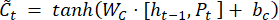 Recurrent neural network equation, Ct=tanh(Wc·[ht-1,Pt]+bc), formula representation.