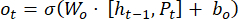 Ot gate activation formula, σ(Wo·[ht-1,Pt]+bo), crucial in recurrent neural network computations.