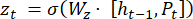 Recurrent neural network equation, z_t = σ(W_z · [h_(t-1), P_t]), depicting gate activation.