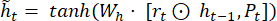 Recurrent neural network equation `ĥₜ = tanh(Wₕ·[rₜ⊙hₜ₋₁,Pₜ])`; neural compute process.