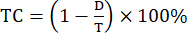 Transmission coefficient formula, TC=(1-D/T)×100%, for optical analysis calculation.