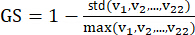 Statistical formula for Gini-Simpson index calculation, showing standard deviation and max value.