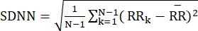 SDNN equation for heart rate variability analysis; formula showing standard deviation of NN intervals.