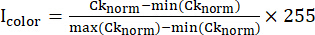 Color normalization equation for image processing, showing formula for intensity scaling.