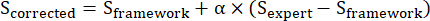 Equation of bias correction in data analysis, formula with variables S_corrected, S_framework, α, S_expert.