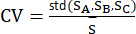 Coefficient of variation formula, CV=std(SA,SB,SC)/S, statistical analysis equation.