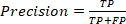 Precision equation, \(Precision = \frac{TP}{TP+FP}\), statistical formula for data analysis.