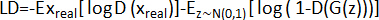 GAN loss formula, \(LD=-E_{x_{real}}[\log D(x_{real})]-E_{z\sim N(0,1)}[\log(1-D(G(z)))]\).
