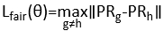 Fairness loss equation \(L_\text{fair}(\theta)=\max (\|PR_g - PR_h\|)\); mathematical concept.