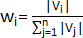 Weight calculation equation, formula; ratio of vector magnitudes, mathematical expression.