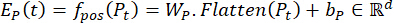 Mathematical equation: E<sub>P</sub>(t) = f<sub>pos</sub>(P<sub>t</sub>) = W<sub>p</sub>·Flatten(P<sub>t</sub>) + b<sub>P</sub> ∈ ℝ<sup>d</sup>