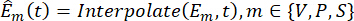 Equation for interpolated model in time domain, includes symbols Em(t), relevant to data analysis.