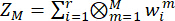 Mathematical formula for weighted tensor product calculation; used in advanced data analysis research.