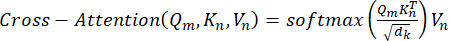 Cross-attention formula: softmax(QmKn^T/√dk)Vn; mathematical expression for AI model explanation.
