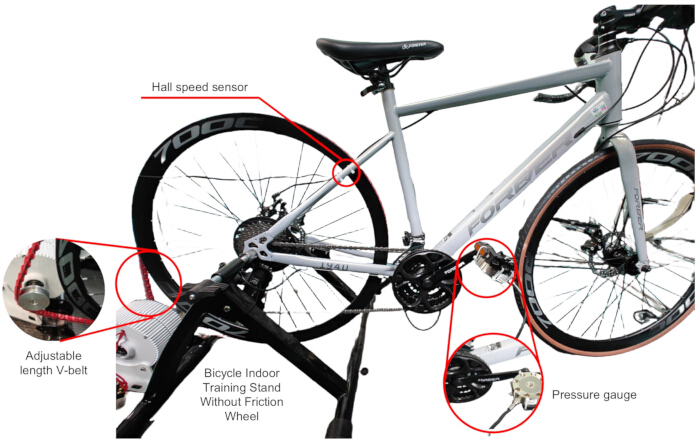 Bicycle training setup with Hall speed sensor, V-belt, pressure gauge; no friction wheel diagram.