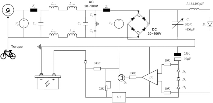 Electrical circuit diagram; AC-DC conversion, torque-driven generator, component analysis.