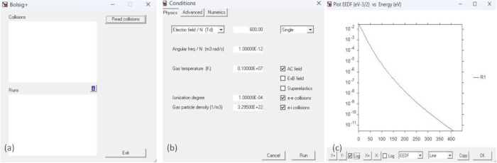 figure-protocol-22 Boltzmann equation software interface with EEDF graph, settings input, simulation parameters dialog.