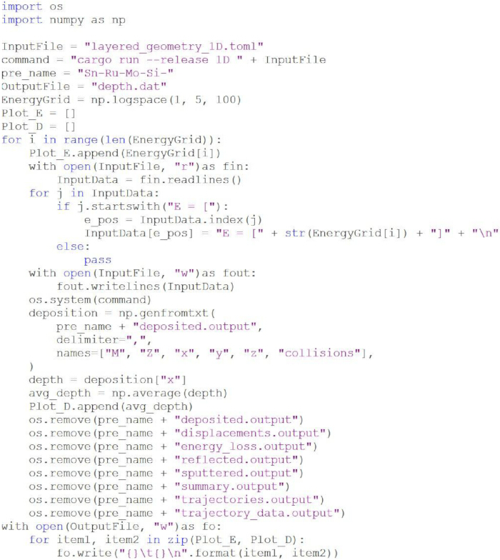 figure-protocol-16 Python script for simulating energy deposition; includes file I/O, data processing, and output storage.