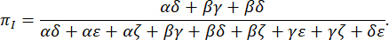 figure-protocol-11 Mathematical equilibrium equation: πᵢ = (αδ + βγ + βδ) / (αδ + αε + αζ + βγ + βδ + βζ + γε + γζ + δε).