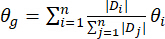 Weighted averaging formula θg=Σ(Di/ΣDj)θi, mathematical equations, educational use.