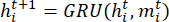 GRU equation ht+1=GRU(ht,mt); neural network sequence modeling formula.