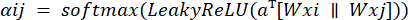 Attention mechanism formula: a_ij = softmax(LeakyReLU(a^T[Wxi || Wxj])) in neural networks.