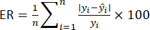 Error rate formula, ER calculation, statistical equation, percentage error analysis in data results.