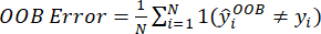 Out-of-bag error formula, machine learning accuracy assessment, equation display.