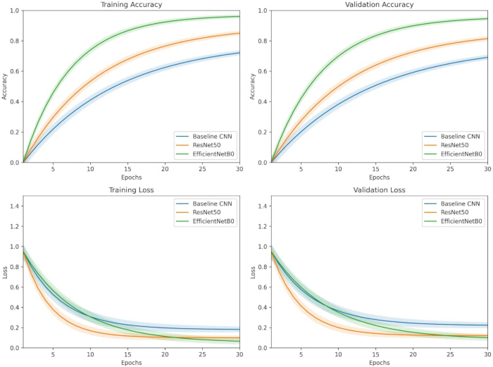 Deep learning model performance graphs; training/validation accuracy and loss over epochs.