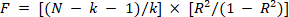 F-test equation for statistical model comparison; involves sample size, predictors, R-squared.