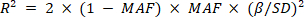 Genetic variation impact equation, R²=2(1-MAF)×MAF×(β/SD)² formula.