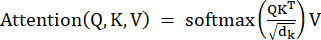 Mathematical formula for attention mechanism in neural networks, showing softmax operation.