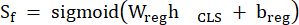 Sigmoid function formula, Sf=sigmoid(WreghCLS+breg), mathematical expression.