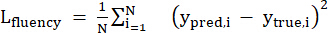 Fluency loss function equation, L_fluency, analysis of predicted vs. true values, mathematical formula.